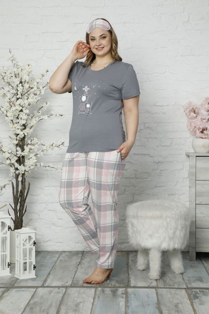 Gri Bear Desenli Kısa Kollu Büyük Beden Battal Pijama Takımı - 1