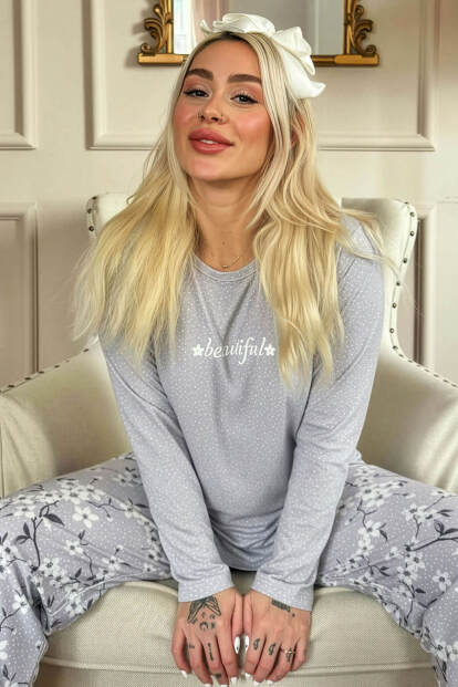 Gri Beautiful Desenli Uzun Kollu Bambu Örme Kadın Pijama Takımı - 1