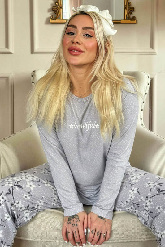 Gri Beautiful Desenli Uzun Kollu Bambu Örme Kadın Pijama Takımı - Pijamaevi