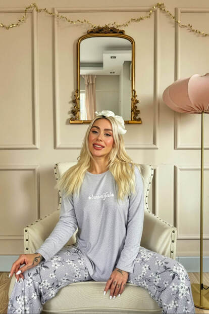 Gri Beautiful Desenli Uzun Kollu Bambu Örme Kadın Pijama Takımı - 2