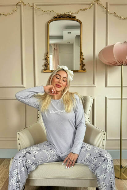Gri Beautiful Desenli Uzun Kollu Bambu Örme Kadın Pijama Takımı - 3