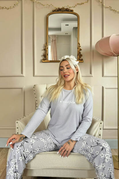 Gri Beautiful Desenli Uzun Kollu Bambu Örme Kadın Pijama Takımı - 4