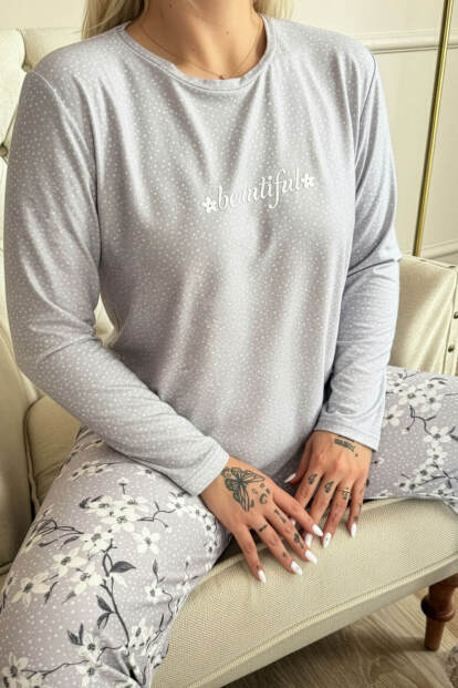 Gri Beautiful Desenli Uzun Kollu Bambu Örme Kadın Pijama Takımı - 5
