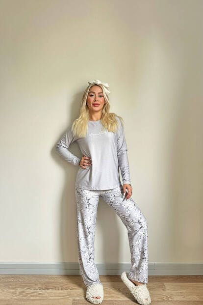 Gri Beautiful Desenli Uzun Kollu Bambu Örme Kadın Pijama Takımı - 6