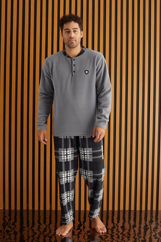 Gri Beyaz Ekose Desenli Polar Erkek Pijama Takımı - Pijamaevi (1)