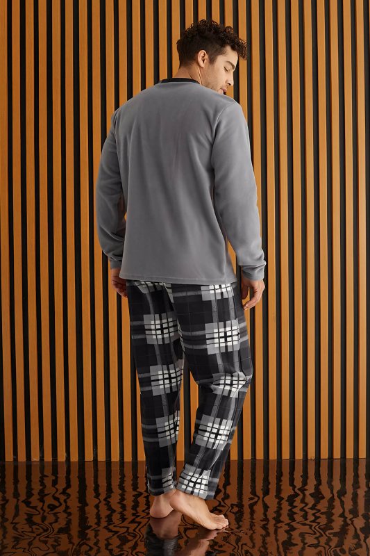 Gri Beyaz Ekose Desenli Polar Erkek Pijama Takımı - Pijamaevi (2)