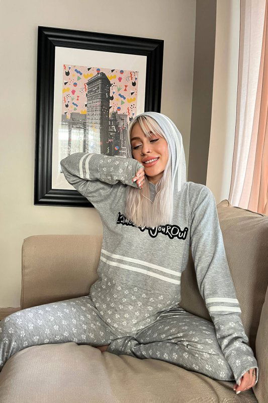 Gri Bonjour Street Desenli Yumoş Örme Pijama Takımı - Pijamaevi (2)