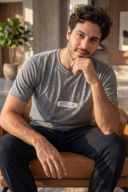 Gri Break Desenli Kısa Kollu Erkek Pijama Takımı 