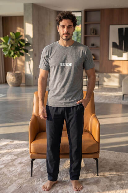 Gri Break Desenli Kısa Kollu Erkek Pijama Takımı - 6