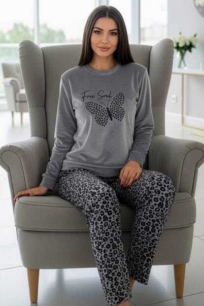 Gri Butterfly Desenli Veloura Soft Kadın Pijama Takımı  - 2