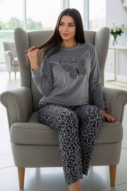 Gri Butterfly Desenli Veloura Soft Kadın Pijama Takımı  - 3