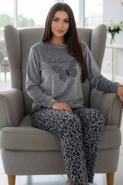 Gri Butterfly Desenli Veloura Soft Kadın Pijama Takımı  - 5