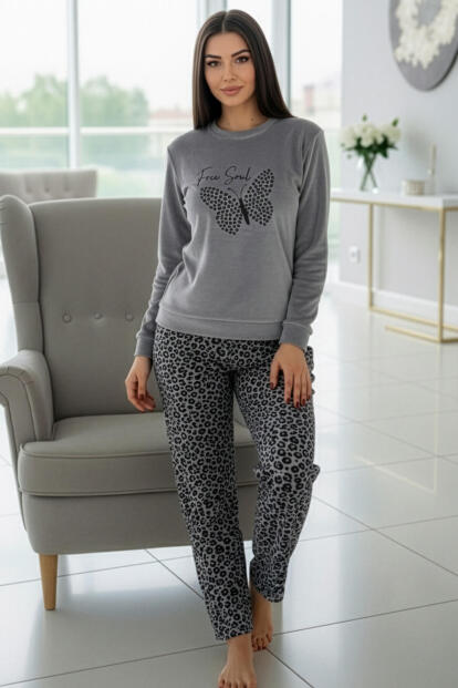 Gri Butterfly Desenli Veloura Soft Kadın Pijama Takımı  - 6