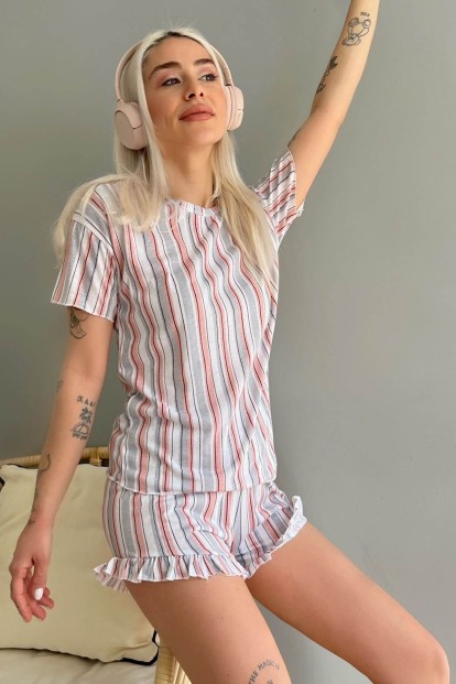 Gri Çizgili Baskılı Şortlu Kadın Pijama Takımı - 1