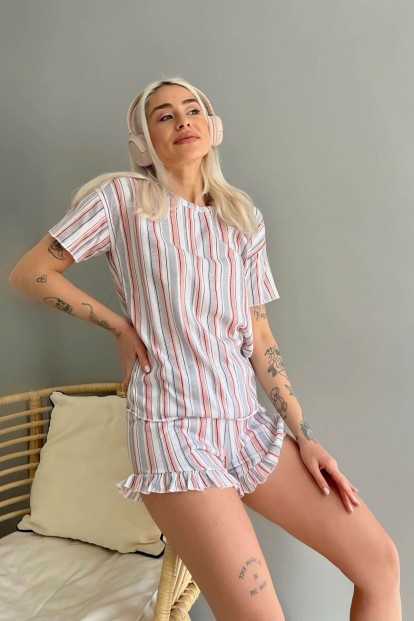 Gri Çizgili Baskılı Şortlu Kadın Pijama Takımı - 2