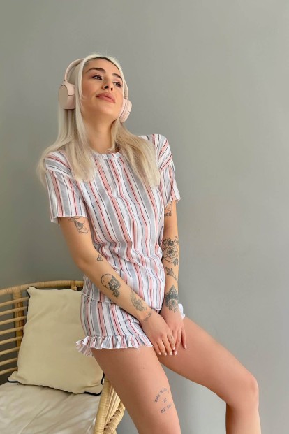 Gri Çizgili Baskılı Şortlu Kadın Pijama Takımı - 3