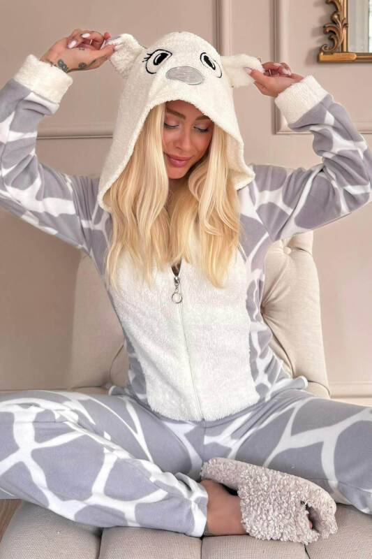 Gri Dalmaçyalı Desenli Polar Peluş Tulum Kadın Pijama - Pijamaevi