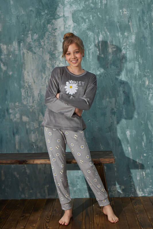 Gri Dasiy Desenli Exclusive Kadife Kız Çocuk Pijama Takımı  - Pijamaevi (2)