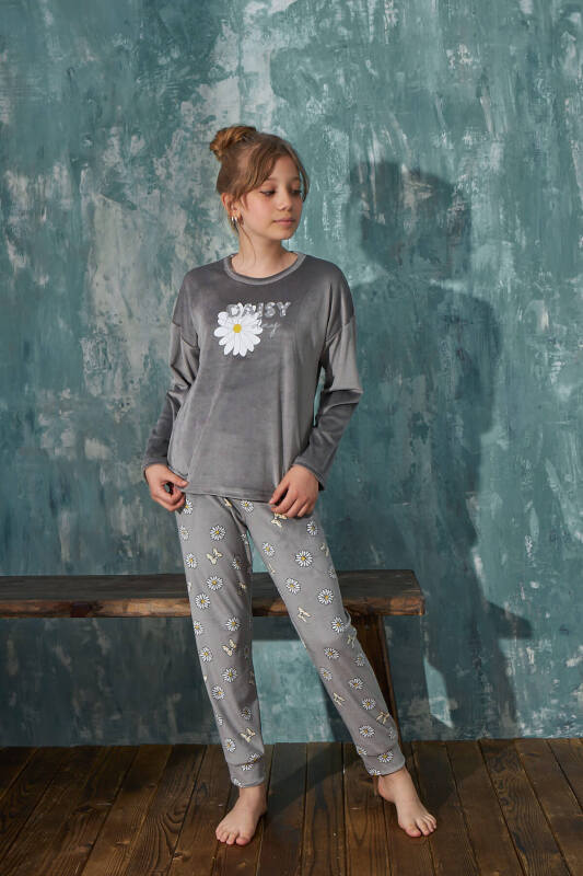 Gri Dasiy Desenli Exclusive Kadife Kız Çocuk Pijama Takımı  - Pijamaevi (3)