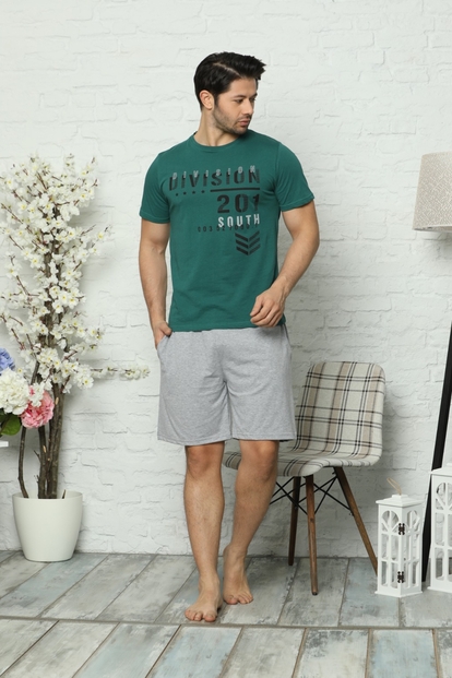 Gri Division Baskılı Şortlu Kısa Kollu Erkek Pijama Takımı - 2
