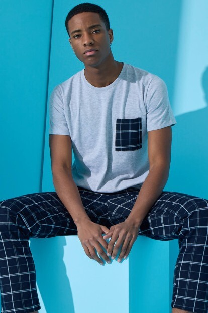 Gri Double Çizgi Ekose Desenli Kısa Kollu Erkek Pijama Takımı - 6