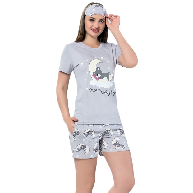 Gri Dream Bear Desenli Şortlu Bayan Pijama Takımı - 1