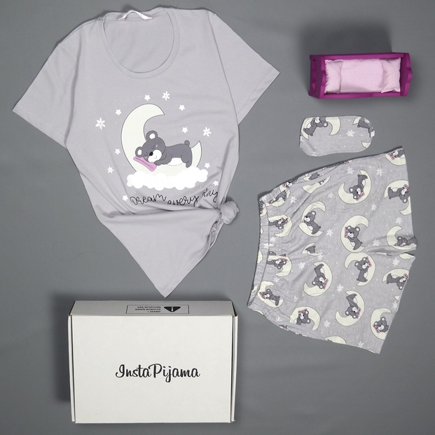 Gri Dream Bear Desenli Şortlu Bayan Pijama Takımı - 2