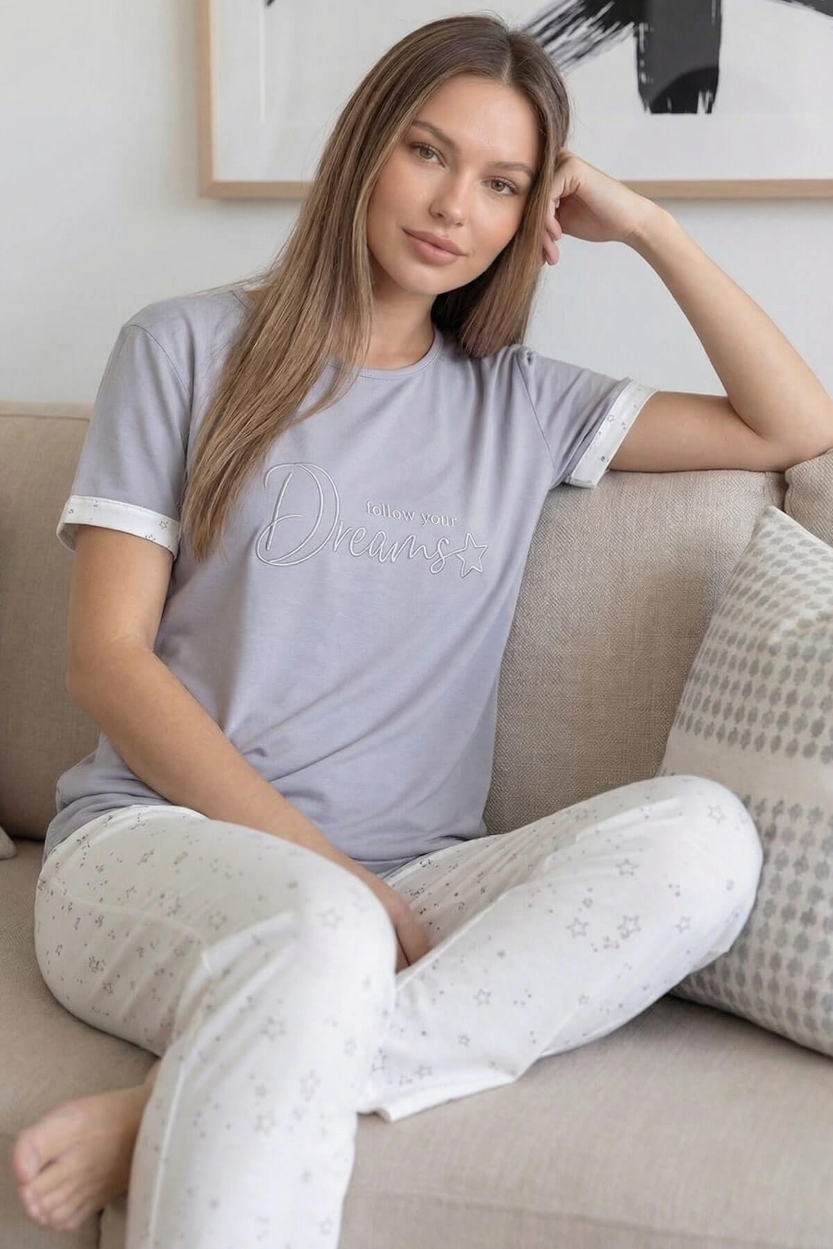 Gri Dreams Desenli Bambu Kısa Kol Kadın Pijama Takımı - Pijamaevi