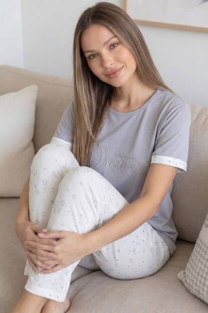 Gri Dreams Desenli Bambu Kısa Kol Kadın Pijama Takımı - 2