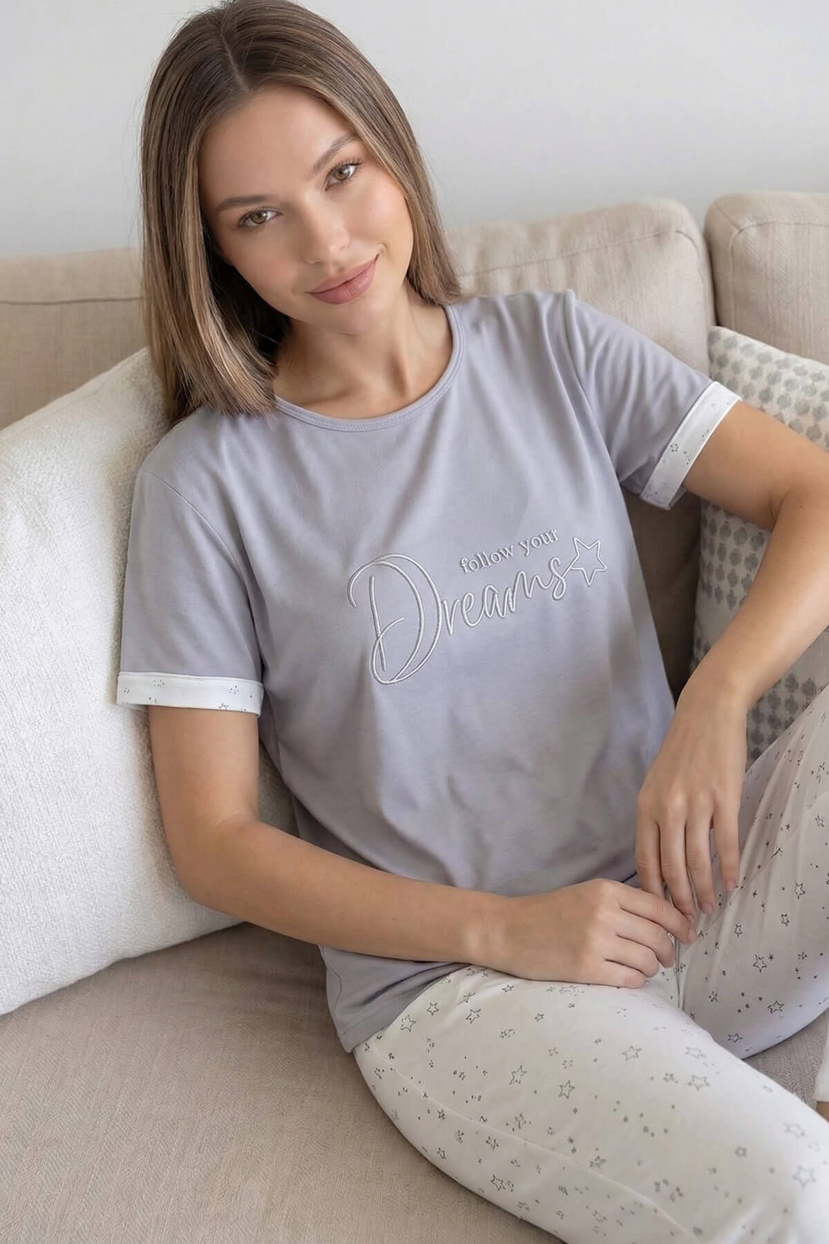 Gri Dreams Desenli Bambu Kısa Kol Kadın Pijama Takımı - Pijamaevi (2)