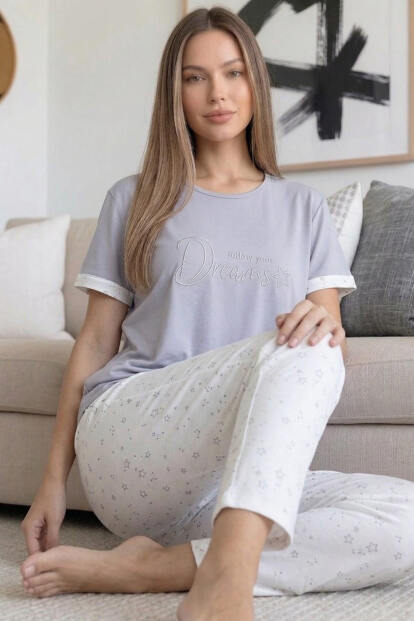 Gri Dreams Desenli Bambu Kısa Kol Kadın Pijama Takımı - 5