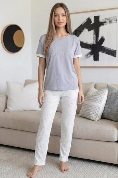 Gri Dreams Desenli Bambu Kısa Kol Kadın Pijama Takımı - 6