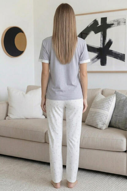 Gri Dreams Desenli Bambu Kısa Kol Kadın Pijama Takımı - 7