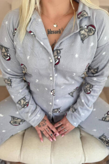 Gri Dreamy Bear Desenli Önden Düğmeli Peluş Polar Pijama Takımı - 5