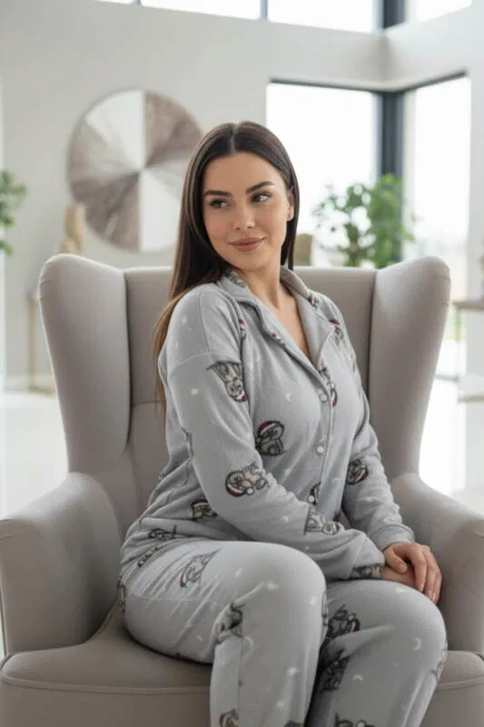 Gri Dreamy Bear Desenli Önden Düğmeli Peluş Polar Pijama Takımı - Pijamaevi (2)