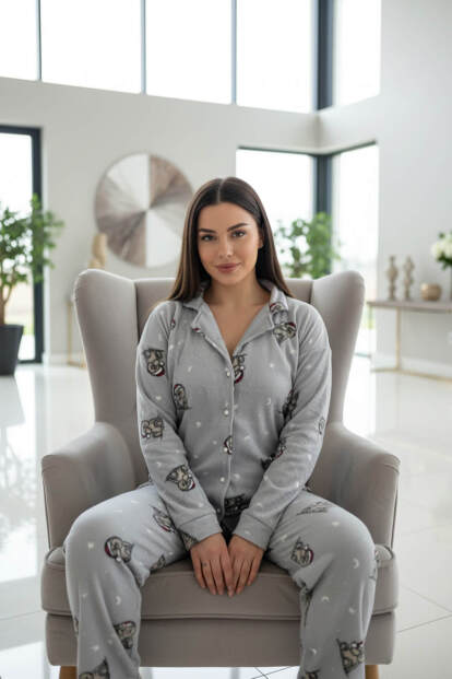 Gri Dreamy Bear Desenli Önden Düğmeli Peluş Polar Pijama Takımı - 4