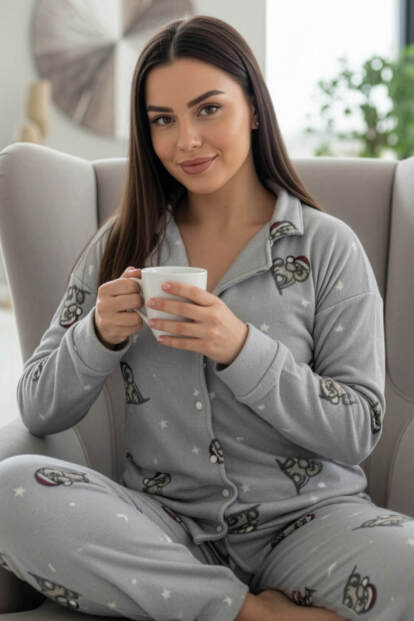Gri Dreamy Bear Desenli Önden Düğmeli Peluş Polar Pijama Takımı - 6