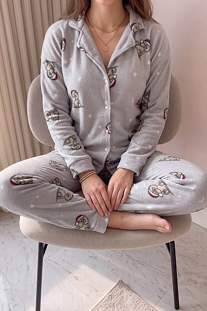 Gri Dreamy Bear Desenli Önden Düğmeli Peluş Polar Pijama Takımı - 4