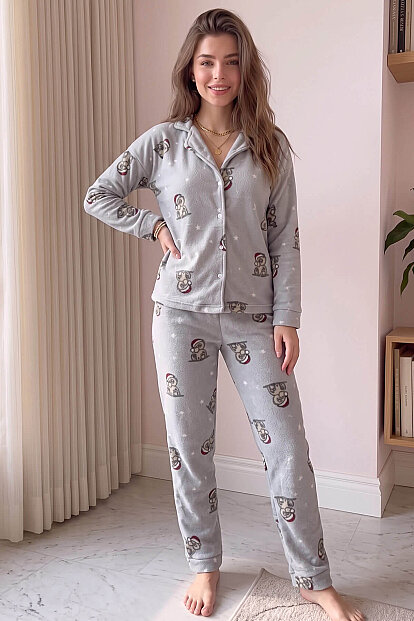 Gri Dreamy Bear Desenli Önden Düğmeli Peluş Polar Pijama Takımı - 6