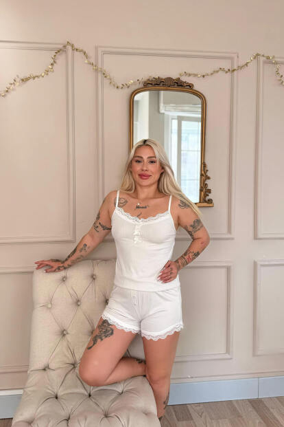 Gri Dublin Ip Askı Şortlu Kadın Pijama Takımı - 3