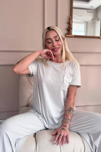 Gri Dublin Kısa Kollu Dantelli Kadın Pijama Takımı - 4