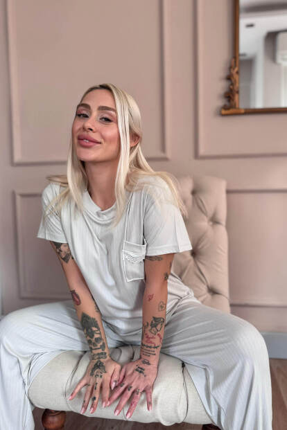 Gri Dublin Kısa Kollu Dantelli Kadın Pijama Takımı - 5