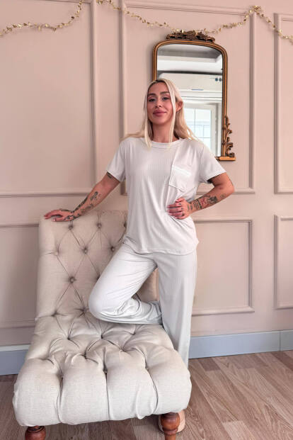 Gri Dublin Kısa Kollu Dantelli Kadın Pijama Takımı - 7