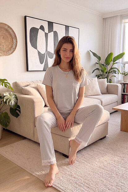 Gri Dublin Kısa Kollu Dantelli Kadın Pijama Takımı - 4
