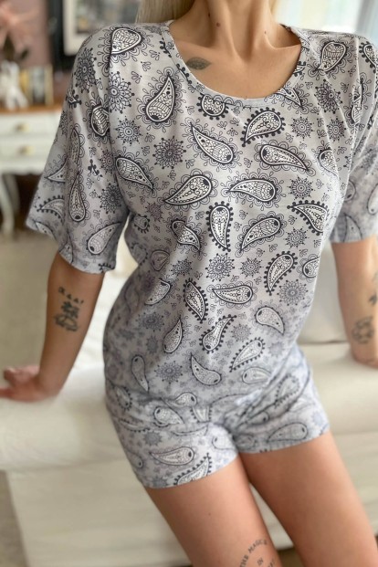 Gri Ebruli Baskılı Şortlu Kadın Pijama Takımı - 4