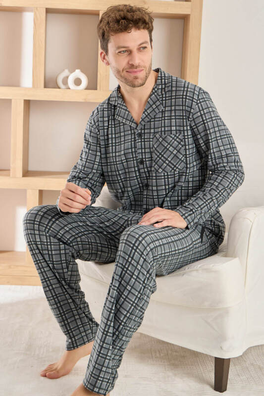 Gri Ekose Desenli Önden Düğmeli Elegant Erkek Pijama Takımı - Pijamaevi