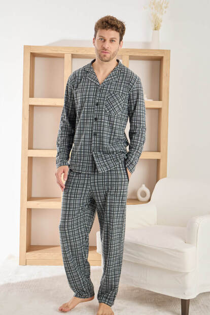 Gri Ekose Desenli Önden Düğmeli Elegant Erkek Pijama Takımı - 2