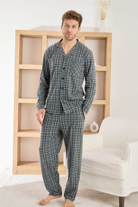 Gri Ekose Desenli Önden Düğmeli Elegant Erkek Pijama Takımı - Pijamaevi (1)