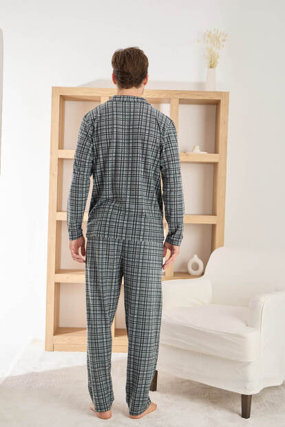 Gri Ekose Desenli Önden Düğmeli Elegant Erkek Pijama Takımı - 3