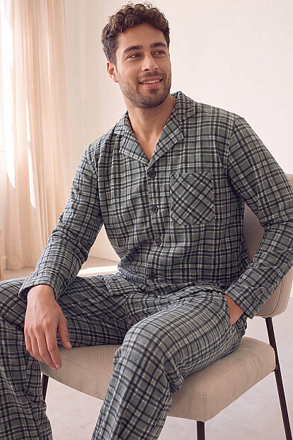 Gri Ekose Desenli Önden Düğmeli Elegant Erkek Pijama Takımı 